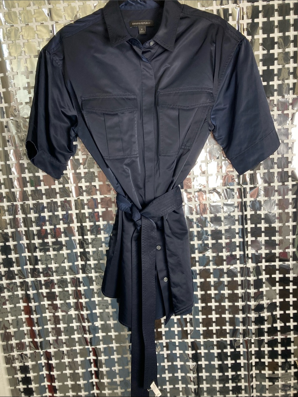 Banana Republic Navy Short-Sleeve Button-Down Shirt with Waist Tie